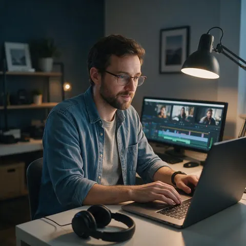 Video editor at a home desk with a laptop and headphones