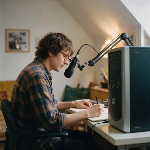 Creator's cosy room with an older desktop computer and microphone