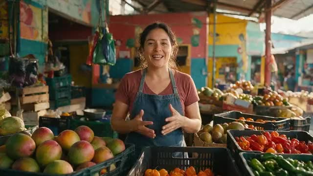 Looping clip: a market vendor speaking to camera at a produce stall