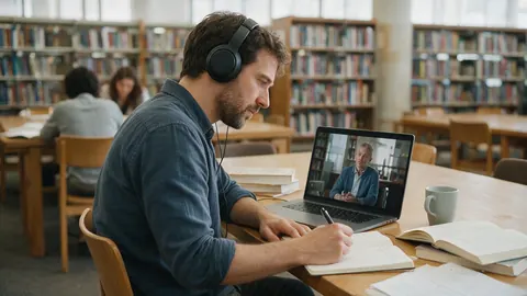 A researcher reviewing a video interview on a laptop