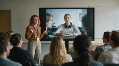 An HR manager presenting a training video to colleagues