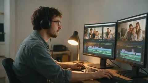 A young man editing a family video at his desk