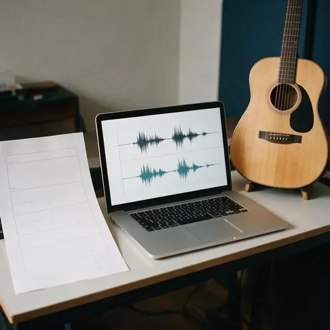Lyric sheet beside a laptop with two song takes