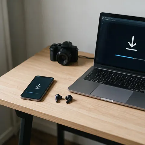 Phone and laptop with an audio file downloading
