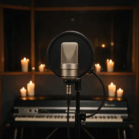Microphone in a dim vocal booth with a keyboard behind