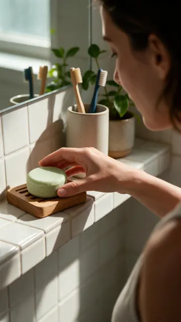 Shampoo bar bathroom shelf: AI-generated UGC-style phone photo of a shampoo bar on a bathroom shelf