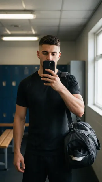 Gym duffel mirror selfie: AI-generated UGC-style mirror selfie with a gym duffel bag