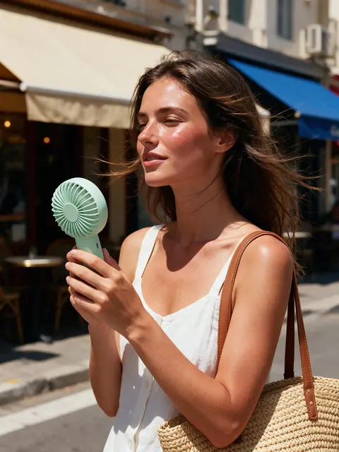 Handheld fan street snap: AI-generated UGC-style street photo of a mini handheld fan