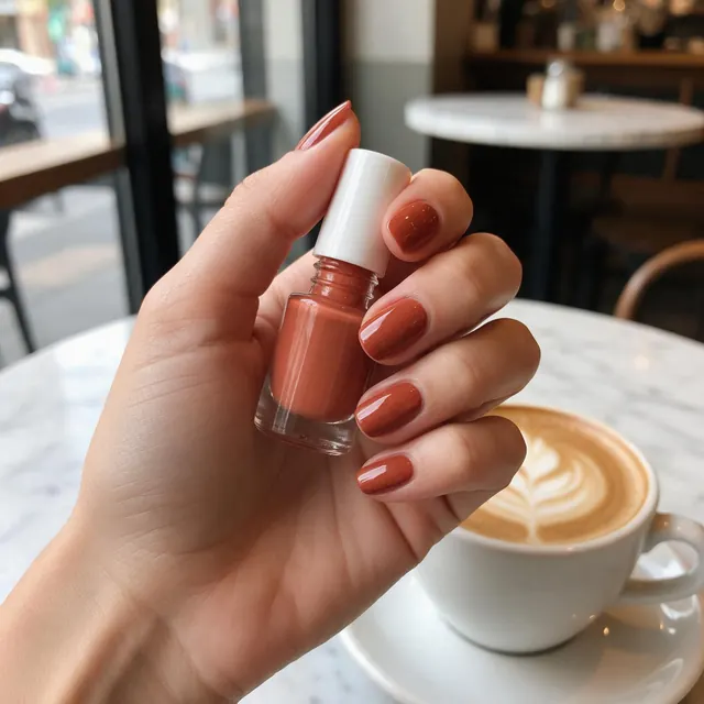 Nail polish café snap: AI-generated UGC-style photo of a nail polish bottle at a café table