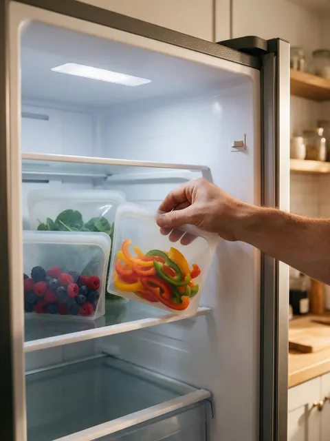 Silicone food bags fridge snap: AI-generated UGC-style photo of reusable silicone food bags in a fridge
