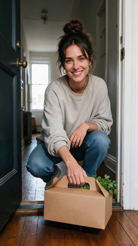 Meal-kit doorstep delivery UGC: AI-generated UGC delivery ad: a creator picks up a meal-kit box at her door