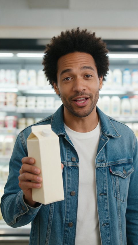 Oat milk supermarket shopping UGC: AI-generated UGC shopping ad: a creator picks an oat milk carton in an aisle
