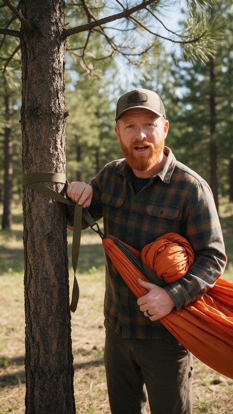 Camping hammock setup tutorial: AI-generated UGC tutorial ad: a creator hangs a camping hammock in a forest