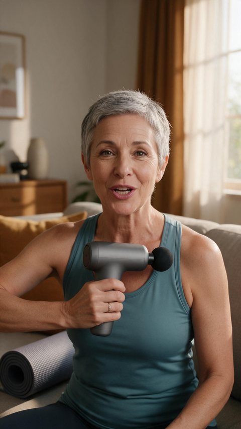 Massage gun honest review UGC: AI-generated UGC review ad: a creator tries a massage gun on her shoulder