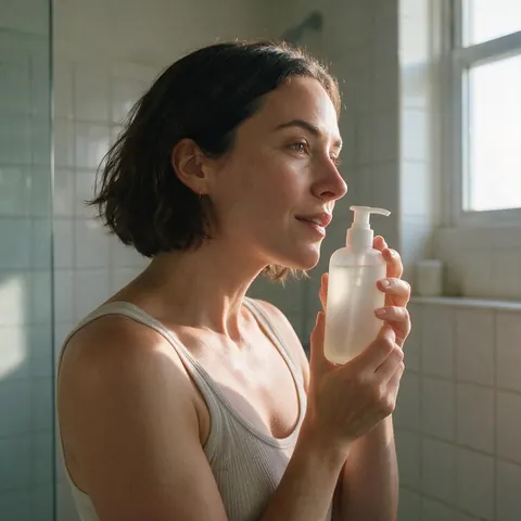 AI creator holding a pump bottle in a bathroom