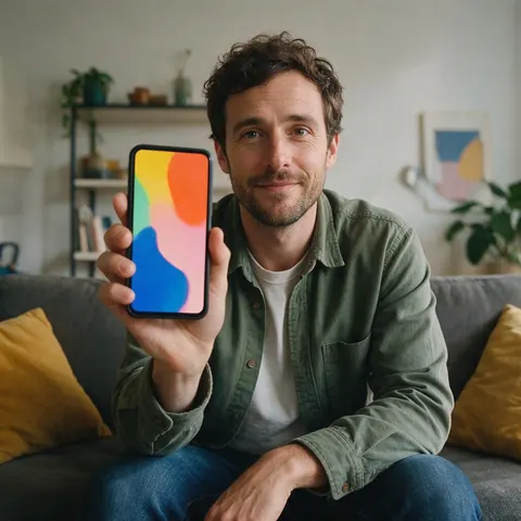 AI creator on a sofa showing a phone to camera