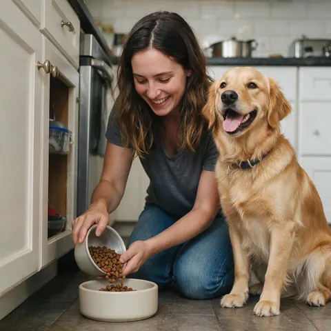 AI creator filling a pet bowl next to a dog