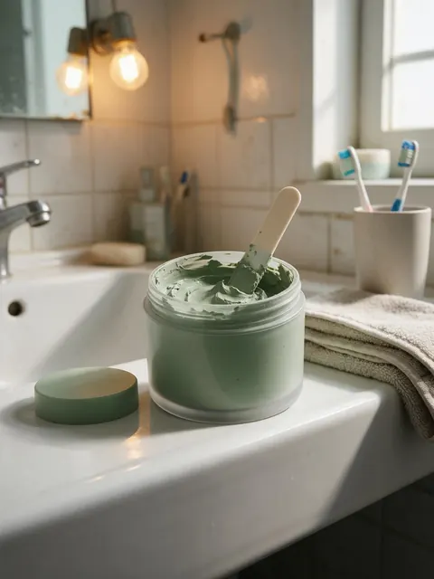 Clay mask bathroom shelf photo: AI-generated UGC-style photo: an opened clay mask jar on a real bathroom sink