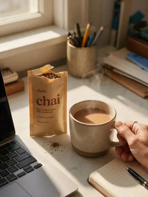 Chai sachet desk photo: AI-generated UGC-style photo: a chai tea sachet and mug on a home office desk