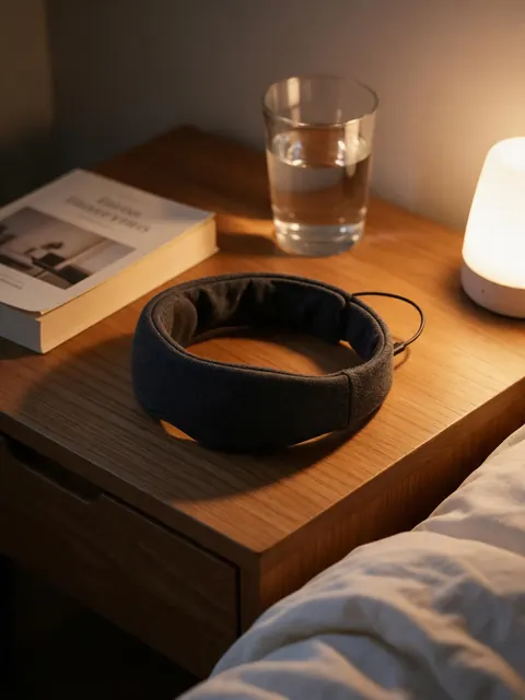 Sleep headphone headband photo: AI-generated UGC-style photo: a soft sleep headphone headband on a bedside table
