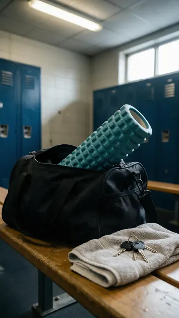 Foam roller gym bag photo: AI-generated UGC-style photo: a textured foam roller sticking out of a gym bag