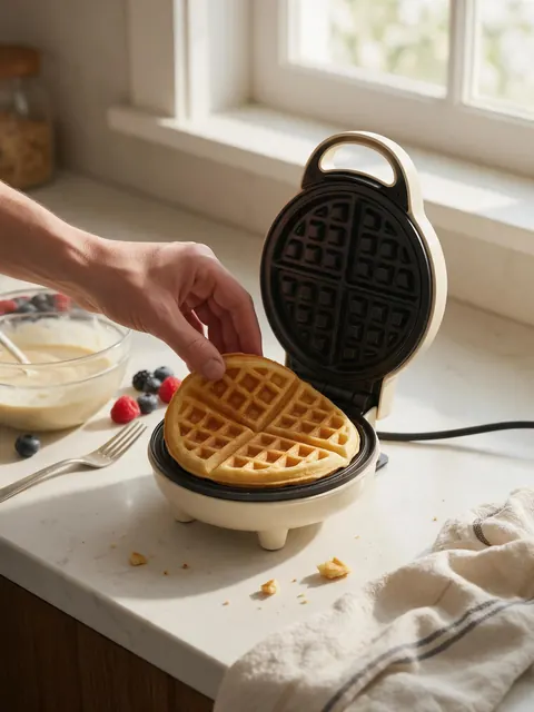 Mini waffle maker kitchen photo: AI-generated UGC-style photo: a mini waffle maker with a fresh waffle on a counter