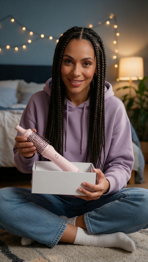 Hair dryer brush unboxing: AI-generated UGC unboxing: a fictional creator opens a pastel hot air brush box