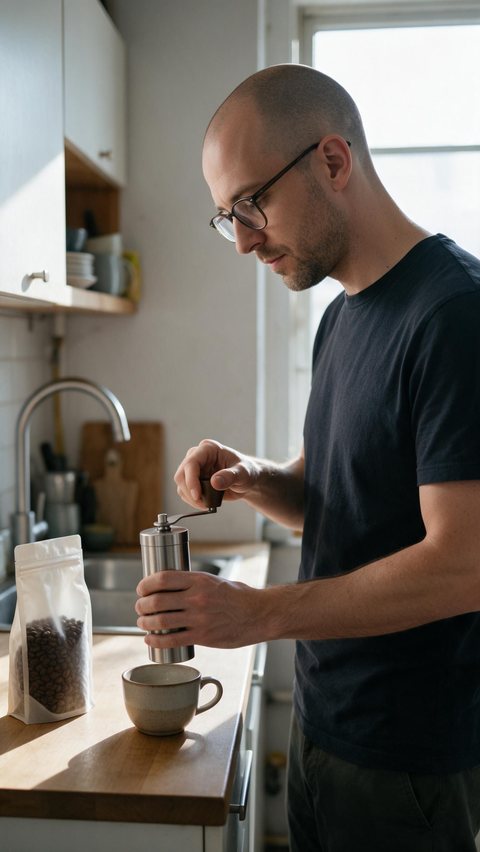 Coffee grinder tutorial: AI-generated UGC tutorial: a fictional creator shows how to use a manual coffee grinder