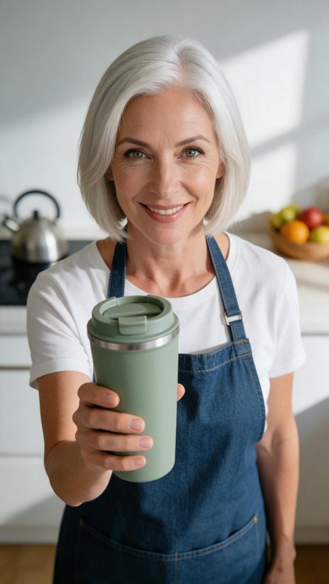 Travel mug creator review: AI-generated UGC review: a fictional creator in her fifties shows a leak-proof travel mug