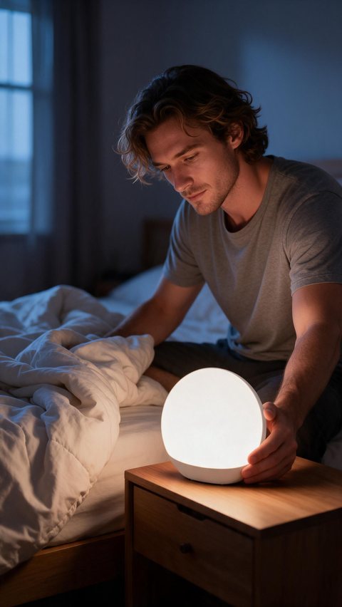 Sunrise alarm clock at home: AI-generated UGC at-home clip: a fictional creator sets up a sunrise lamp by his bed