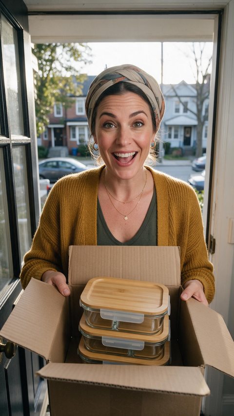 Meal-prep containers delivery: AI-generated UGC delivery clip: a fictional creator opens a parcel of glass containers