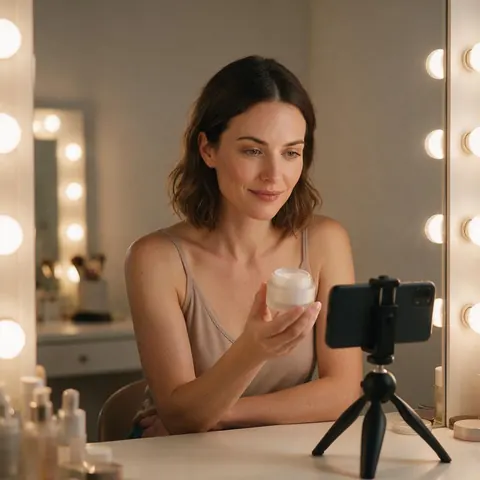 AI creator filming a moisturiser review at a vanity