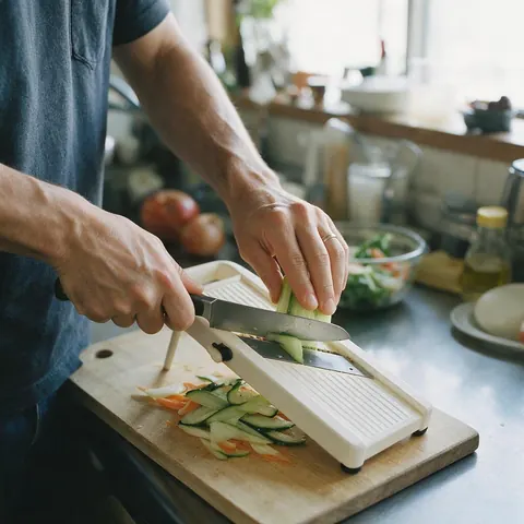 AI creator using a mandoline slicer in a kitchen