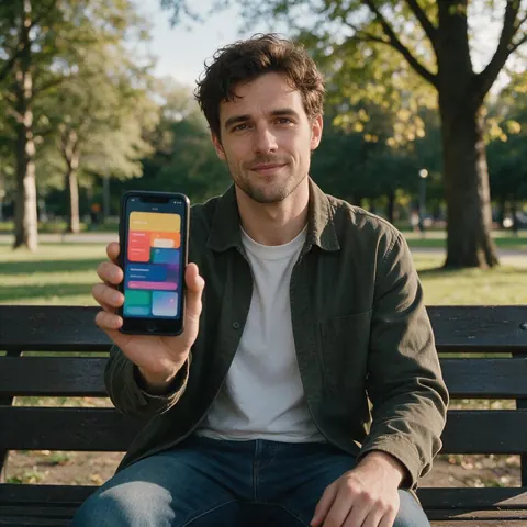 AI creator showing a phone screen on a park bench