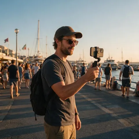 Travel vlogger filming with a phone gimbal on a harbour promenade