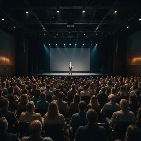 Conference hall with a speaker on stage and an audience