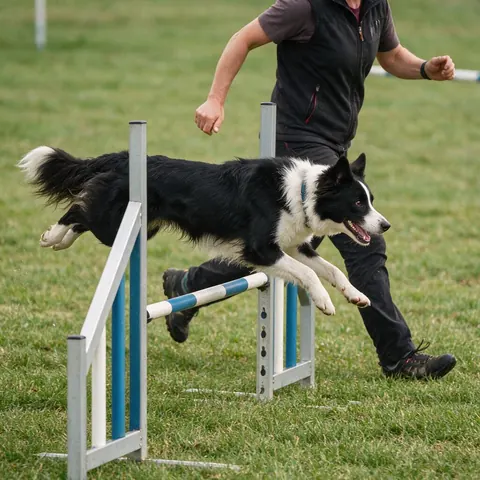 Border collie jumping an agility hurdle beside its trainer