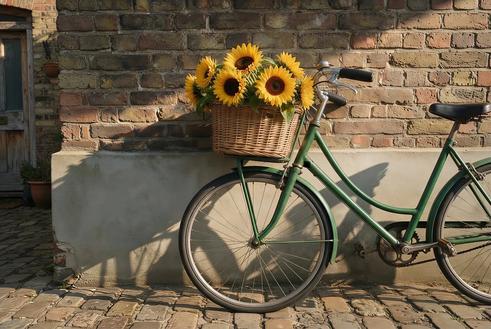 Tightly cropped square photo of a green bicycle with a basket of sunflowers against a brick wall (after)