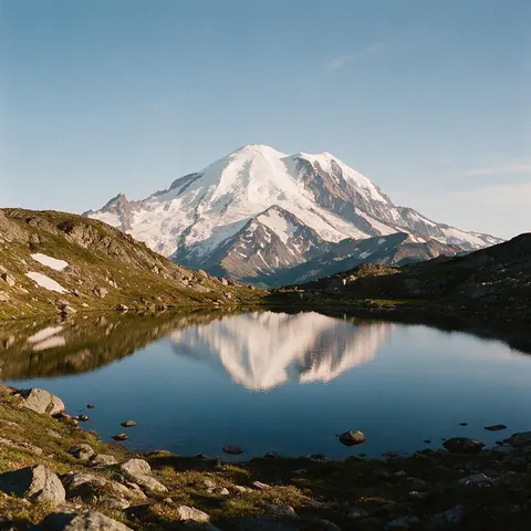 Photo of a snowy mountain peak above an alpine lake