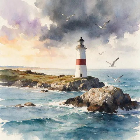 Wide watercolor painting of a lighthouse on a rocky coast