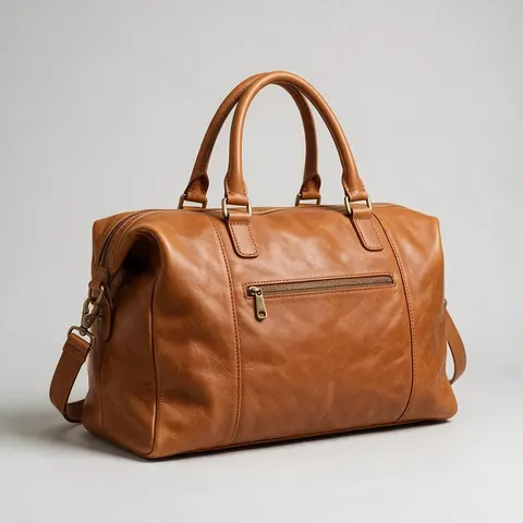 Photo of a leather weekend bag with even margins on a grey backdrop