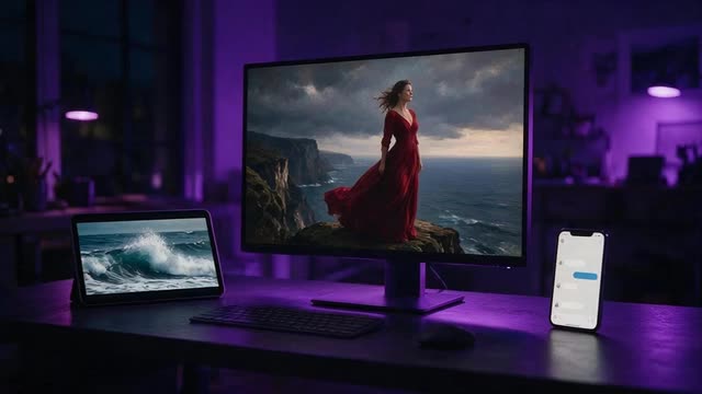 Neon studio desk with image, video and chat screens