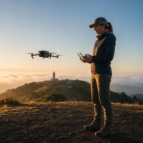 Drone pilot with a controller on a hilltop at sunrise