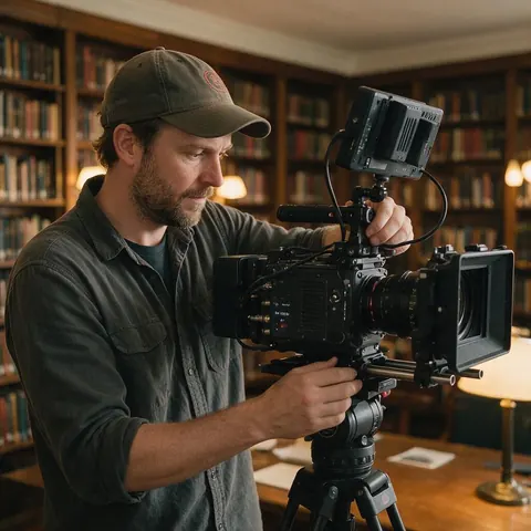 Documentary maker setting up a camera on a tripod