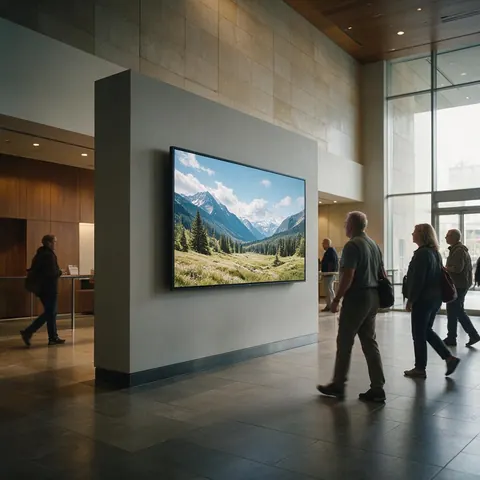 Modern lobby with a large screen and visitors