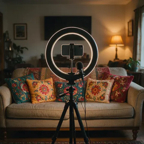 Ring light, phone on a tripod and microphone set up in a living room with embroidered cushions