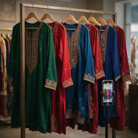 Phone filming a boutique rack of embroidered kurtas in jewel colours