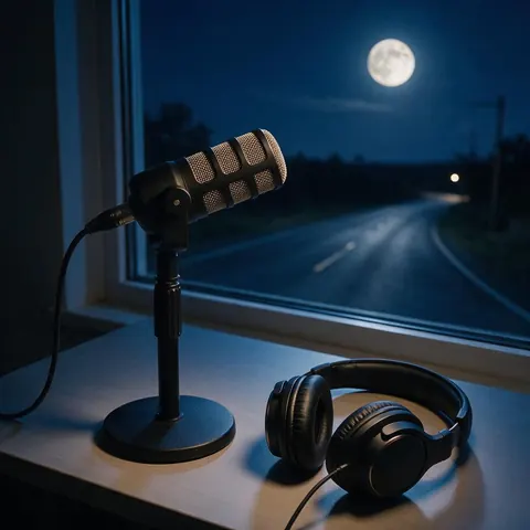 Podcast microphone and headphones by a window overlooking a moonlit road