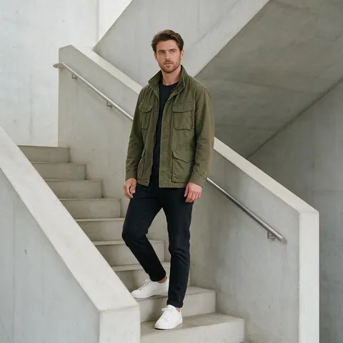 Model in an olive utility jacket on concrete stairs
