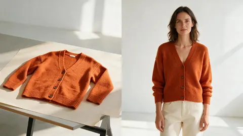 A knit cardigan laid flat beside a model wearing the same cardigan